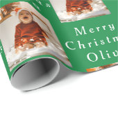 Papier Cadeau Joyeux Noël Nom Green White Photo Collage (Coin rond)