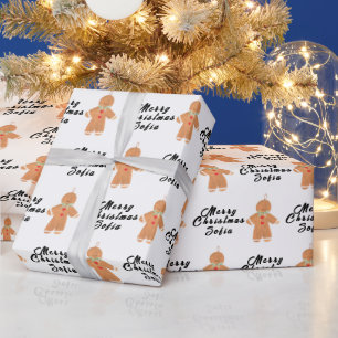 Papier Cadeau Joyeux Noël Nom Homme en pain d'épices noir et bla
