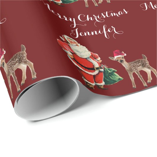 Papier Cadeau Joyeux Noël Nom Père Noël et Reindeer (Coin rond)