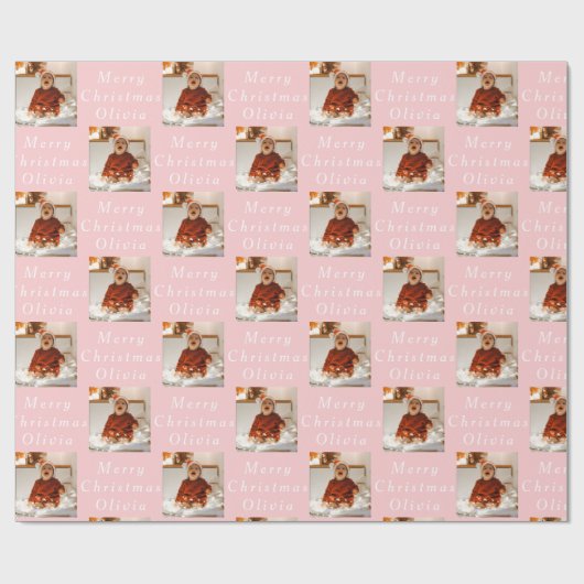 Papier Cadeau Joyeux Noël Nom Rose Blanc Photo Collage (Plat)