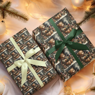 Papier Cadeau Joyeux Noël Ours en Peluche en Carreaux