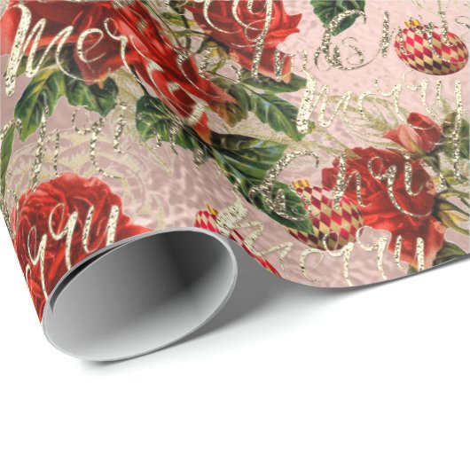 Papier Cadeau Joyeux Noël Parties scintillant Script Rose Gold R (Coin rond)