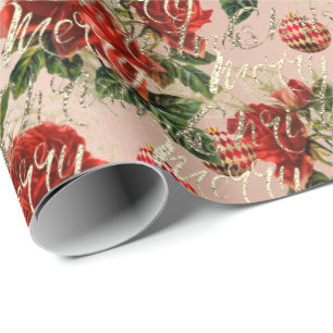 Papier Cadeau Joyeux Noël Parties scintillant Script Rose or Bau