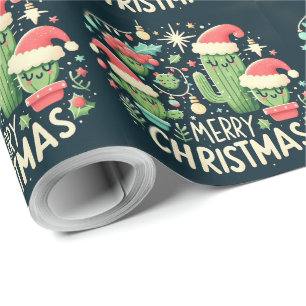Papier Cadeau Joyeux Noël Père Noël cactus plantes souriants