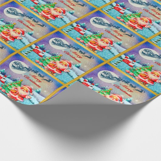 Papier Cadeau Joyeux Noël Père Noël, Sleigh, Reindeer, Snowflake (Coin)
