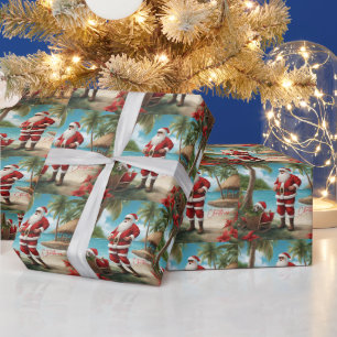 Papier Cadeau Joyeux Noël Père Noël sur l'île tropicale