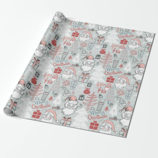 Papier Cadeau Joyeux Noël Père Noël Tree Main Drawn Motif Sage (Déroulé)