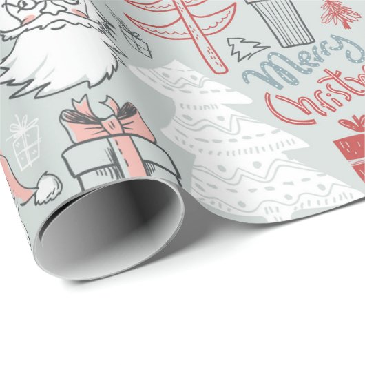 Papier Cadeau Joyeux Noël Père Noël Tree Main Drawn Motif Sage (Coin rond)