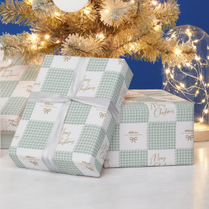 Papier Cadeau Joyeux Noël personnalisé en gingham vert sauge