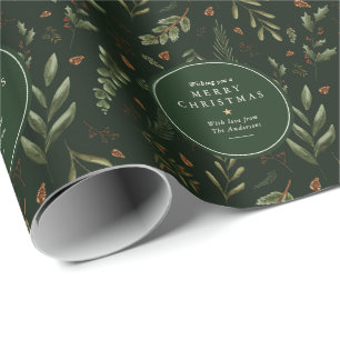 Papier Cadeau Joyeux Noël personnalisé vert foncé botanique