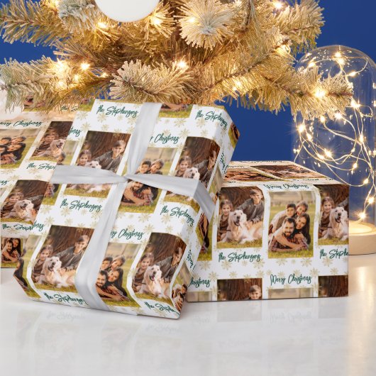 Papier Cadeau Joyeux Noël Photo Script Nom Vert Or (Vacances)