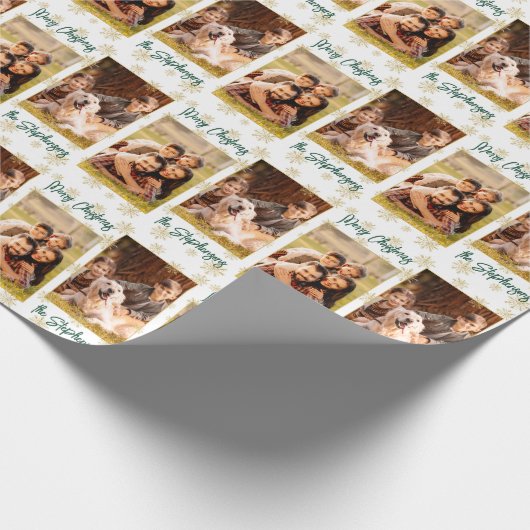 Papier Cadeau Joyeux Noël Photo Script Nom Vert Or (Coin)