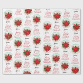 Papier Cadeau Joyeux Noël Poinsettia nom personnalisable (Plat)