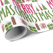 Papier Cadeau Joyeux Noël présents et arbres (Coin rond)