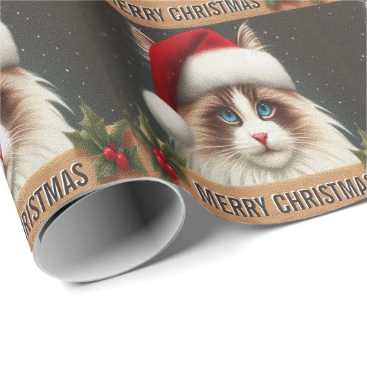 Papier Cadeau Joyeux Noël Ragdoll Chat, Xmas Père Noël Ragdoll (Coin rond)