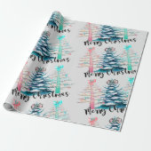 Papier Cadeau Joyeux Noël rose et arbres Turquoises (Déroulé)