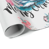 Papier Cadeau Joyeux Noël rose et arbres Turquoises (Coin rond)