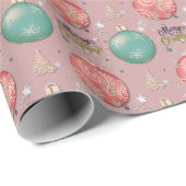 Papier Cadeau Joyeux Noël rose et ornements Turquoises Motif (Coin rond)
