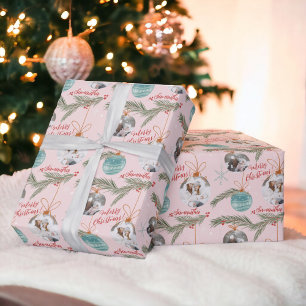 Papier Cadeau Joyeux Noël rose illustration nom 2 photos