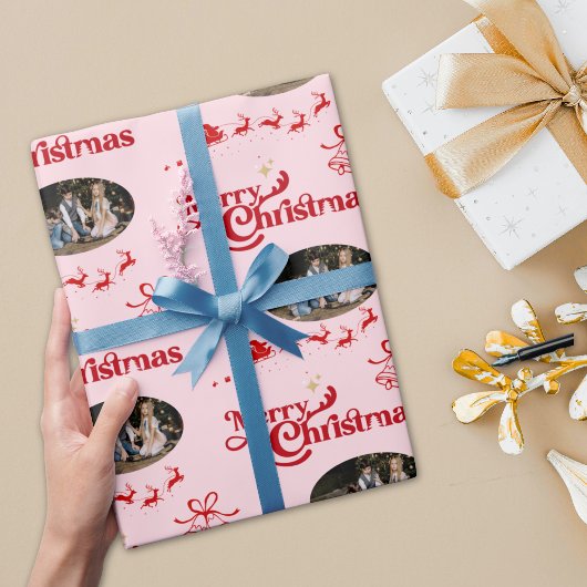 Papier Cadeau Joyeux Noël rose mignon cadeaux photo personnalisé