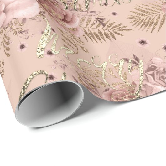 Papier Cadeau Joyeux Noël Rose Parties scintillant or Script Flo (Coin rond)