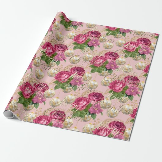 Papier Cadeau Joyeux Noël Rose Parties scintillant or Script Pin (Déroulé)