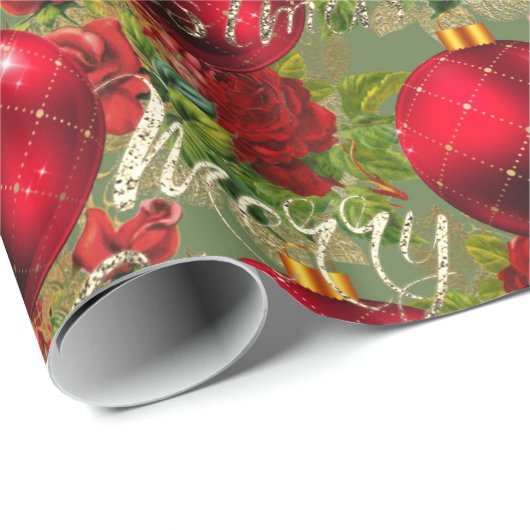 Papier Cadeau Joyeux Noël Rose Parties scintillant or Script Red (Coin rond)