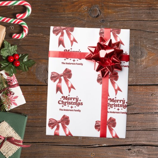 Papier Cadeau Joyeux Noël rouge arc blanc rétro
