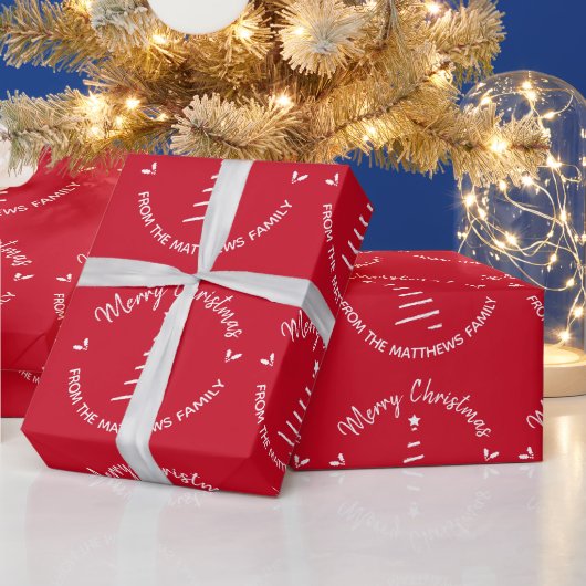 Papier Cadeau Joyeux Noël rouge de Nom personnalisé (Vacances)