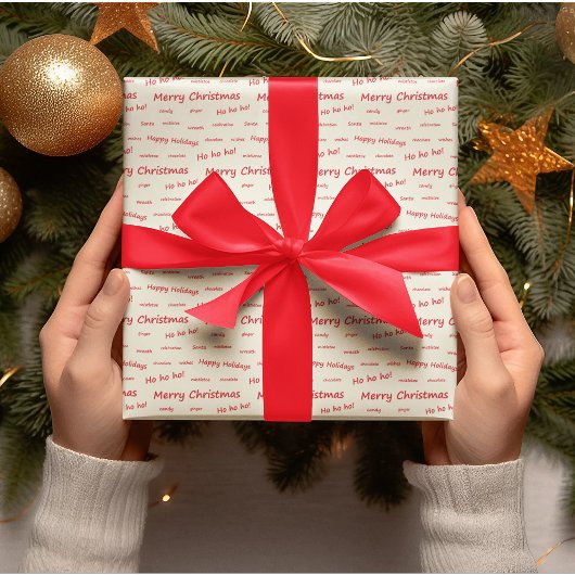 Papier Cadeau Joyeux Noël rouge et blanc Script