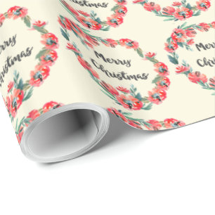 Papier Cadeau Joyeux Noël Rouge Floral Aquarelle Wreath