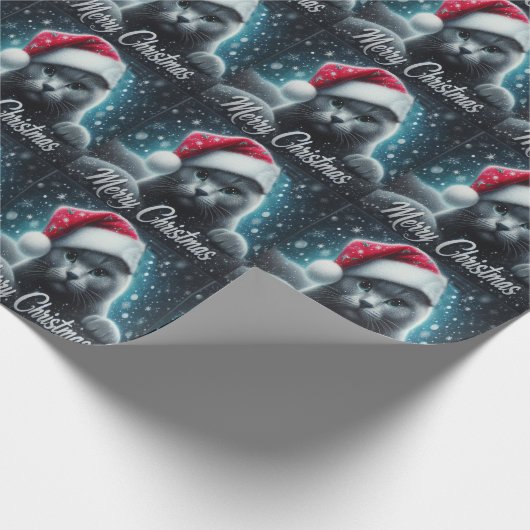 Papier Cadeau Joyeux Noël Russe bleu Chat, Noël Père Noël Chat (Coin)