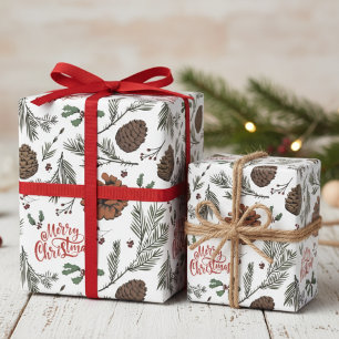 Papier Cadeau Joyeux Noël Rustique Cônes de Pin et Baies de Houx