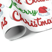 Papier Cadeau Joyeux Noël Santa Chapeau rouge vert script (Coin rond)
