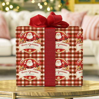 Papier Cadeau Joyeux Noël Santa Mignon Carreaux Rouges Personnal