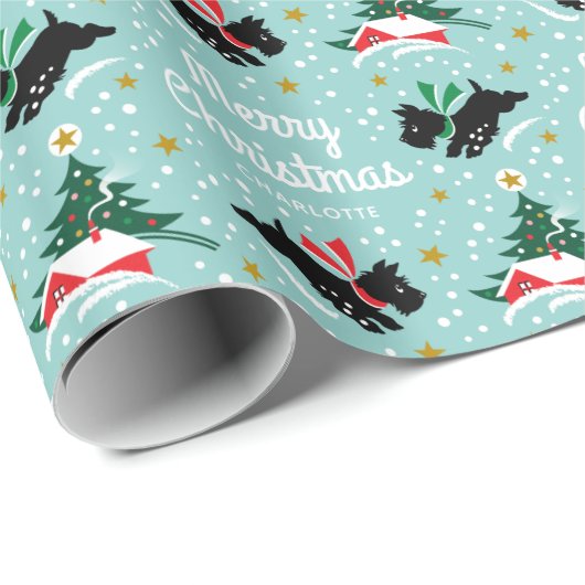 Papier Cadeau Joyeux Noël Scottie Chien Snow Fun Name Mint (Coin rond)