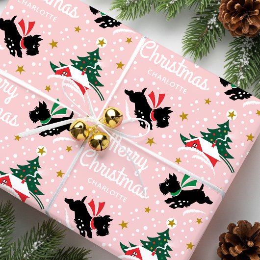 Papier Cadeau Joyeux Noël Scottie Chien Snow Fun Name Rose