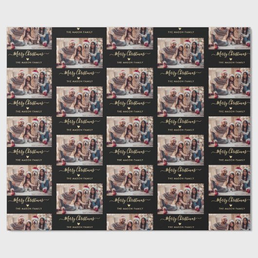 Papier Cadeau Joyeux Noël Script Black Gold Photo Collage (Plat)