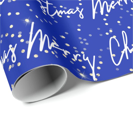 Papier Cadeau Joyeux Noël Script Blue Navy Gold Confetti (Coin rond)