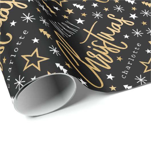 Papier Cadeau Joyeux Noël Script Custom Name Black Faux Gold (Coin rond)