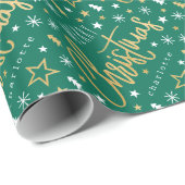Papier Cadeau Joyeux Noël Script Custom Name Green Faux Gold (Coin rond)