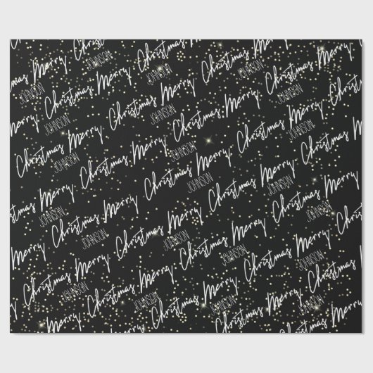 Papier Cadeau Joyeux Noël Script du nom Black White Gold (Plat)