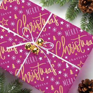 Papier Cadeau Joyeux Noël Script Personnalisé Nom Rose Faux Or