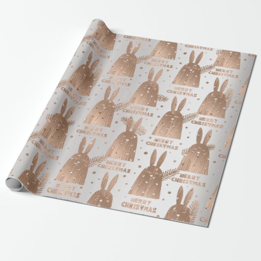 Papier Cadeau Joyeux Noël Script Rabbit Gris Rose Or fantaisie (Déroulé)
