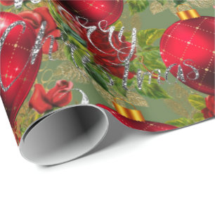 Papier Cadeau Joyeux Noël Script Rose Monnaie Rouge Vert Or