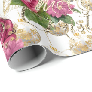 Papier Cadeau Joyeux Noël Script Rose or rose blanc vert