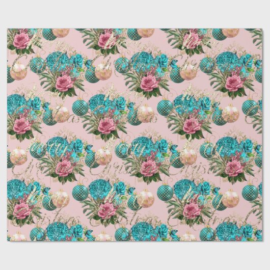 Papier Cadeau Joyeux Noël Script Rose or rose bleu vert (Plat)