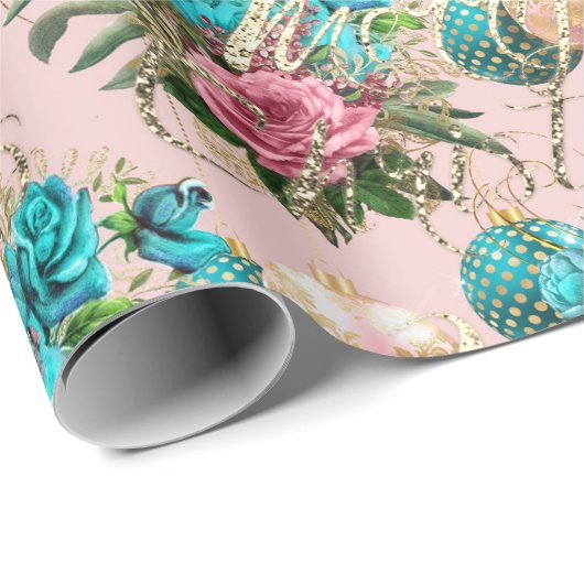 Papier Cadeau Joyeux Noël Script Rose or rose bleu vert (Coin rond)