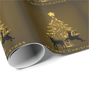 Papier Cadeau Joyeux Noël Silhouette Cerf et Arbre d'Or