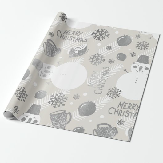 Papier Cadeau Joyeux Noël Snowman café Mug Argent Blanc (Déroulé)